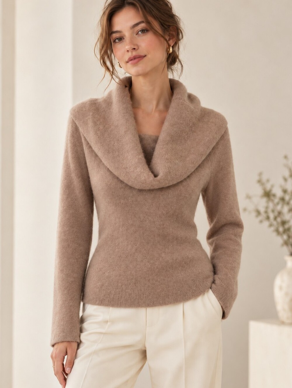Alex Marie Taupe Cowl Neck Fuzzy Sweater Size M Rabbit Hair Blend